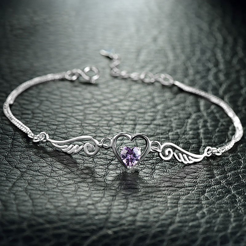 Náramok S925 Srdce a Krídla s Fialovým Zirkónom – Obrázok 3