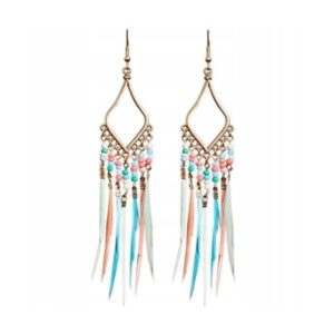 Pozlatené BOHO náušnice s farebnými pierkami