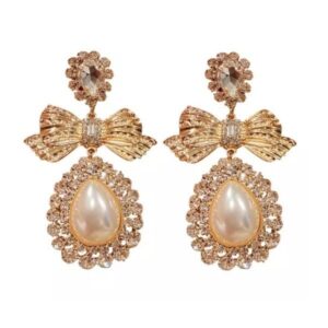 Pozlátené mašličkové náušnice s perlou a zirkónmi