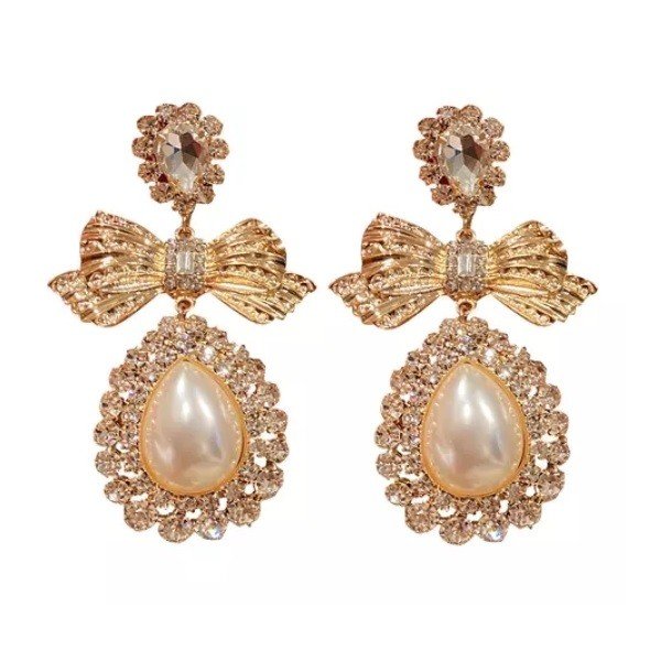 Pozlátené mašličkové náušnice s perlou a zirkónmi