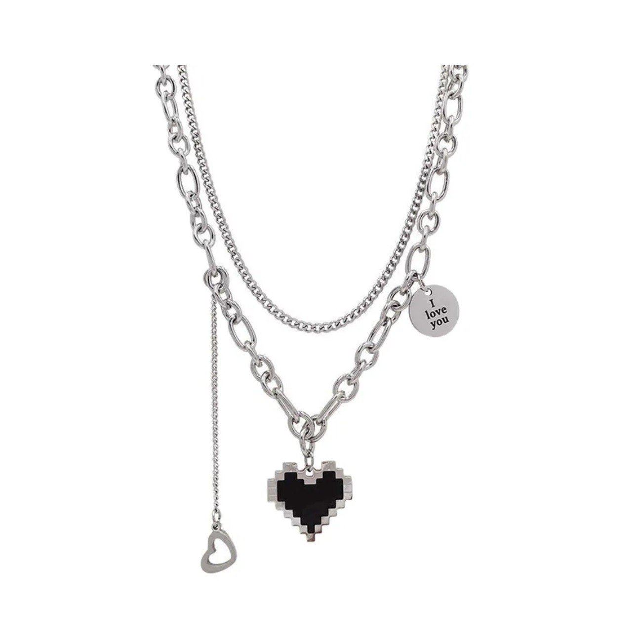 Postriebrený Kombinovaný Náhrdelník Pixelové Srdce
