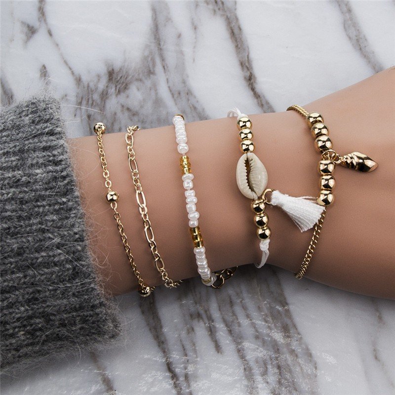 Sada náramkov s mušľou a korálikmi – 5 kusov – Obrázok 3