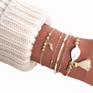 Sada náramkov s mušľou a korálikmi – 5 kusov