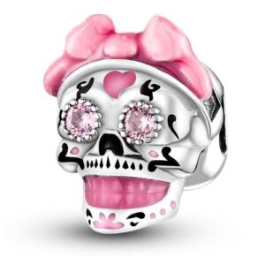 Strieborný prívesok S925 Lebka s Ružovou Mašľou